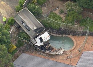 체리브룩의 가정집 뒷마당 수영장으로 덤프 트럭 추락