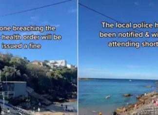 시드니 해수욕객들에 경고하는 경찰 헬기 Footage of a police helicopter warning beachgoers in Sydney’s eastern suburbs about Covid-19 breaches has sparked a debate about cops being too lenient. Picture TikTokSourceSupplied