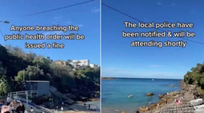 시드니 해수욕객들에 경고하는 경찰 헬기 Footage of a police helicopter warning beachgoers in Sydney’s eastern suburbs about Covid-19 breaches has sparked a debate about cops being too lenient. Picture TikTokSourceSupplied