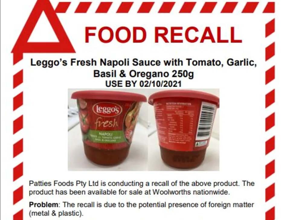 The Leggo's Fresh Napoli Sauce with tomato, garlic, basil and oregano has been recalled over fears of contamination.Source:Supplied
