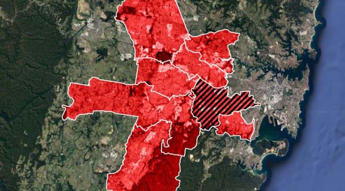 NSW 록다운, 크리스마스까지 지속될 수 있다 가능성 제기 There were 283 new cases recorded today. Pictured are the LGAs in Sydney of most concern - including Canterbury-Bankstown (red and black).SourceSupplied