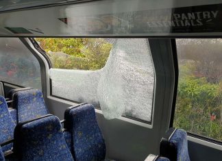 농구공 크기의 돌 던져 트레인 창문을 깬 3인조 The rock narrowly missed a female passenger who was seated on the train at the time. (NSW Police)