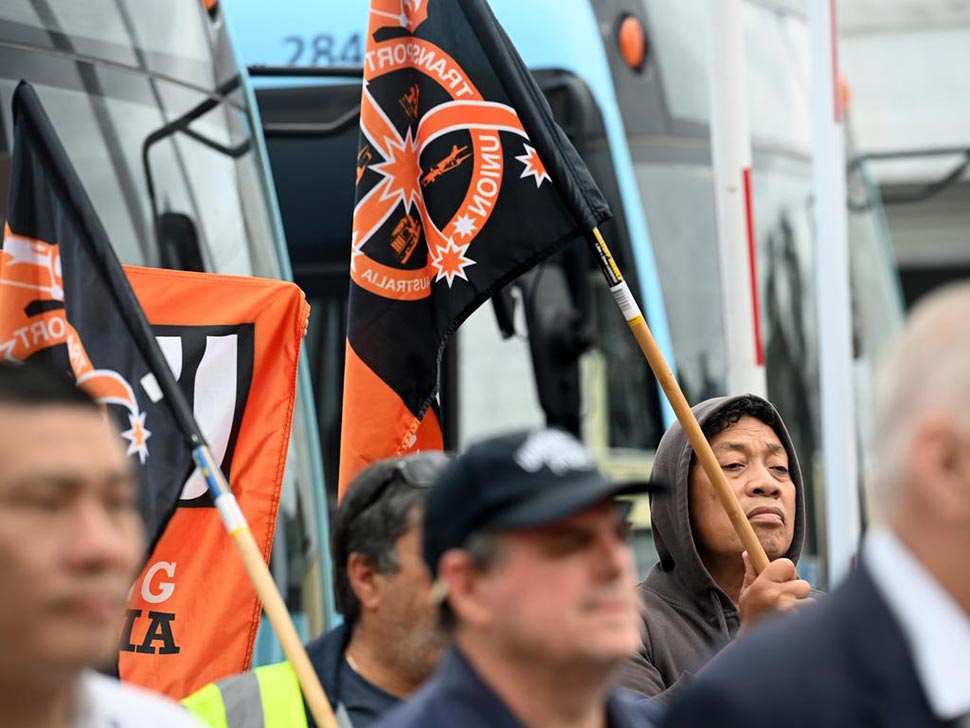 Of the 1200 drivers who took the morning off, up to 300 gathered at the Burwood Bus Depot to strike for equal pay. Picture NCA NewsWire Jeremy Piper