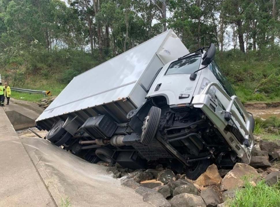 Crews stopped a truck toppling into the waterway. Source FRNSW