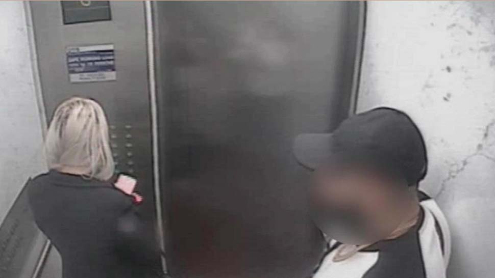 Kayirici (right) in a lift with a woman and her client before Kayirici forces his way into her apartment and rapes her at knifepoint.
