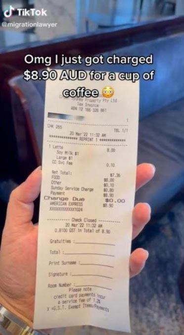 Lawyer Traci Chen ordered a soy latte for $8.90 at a hotel bar inside Crown Tower in Barangaroo Credit migrationlawyerTikTok