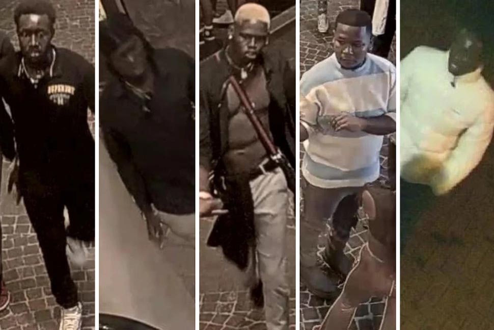 NSW Police are seeking to speak with six men captured on CCTV after a brawl at a Darling Harbour premises, in which a man was stabbed.