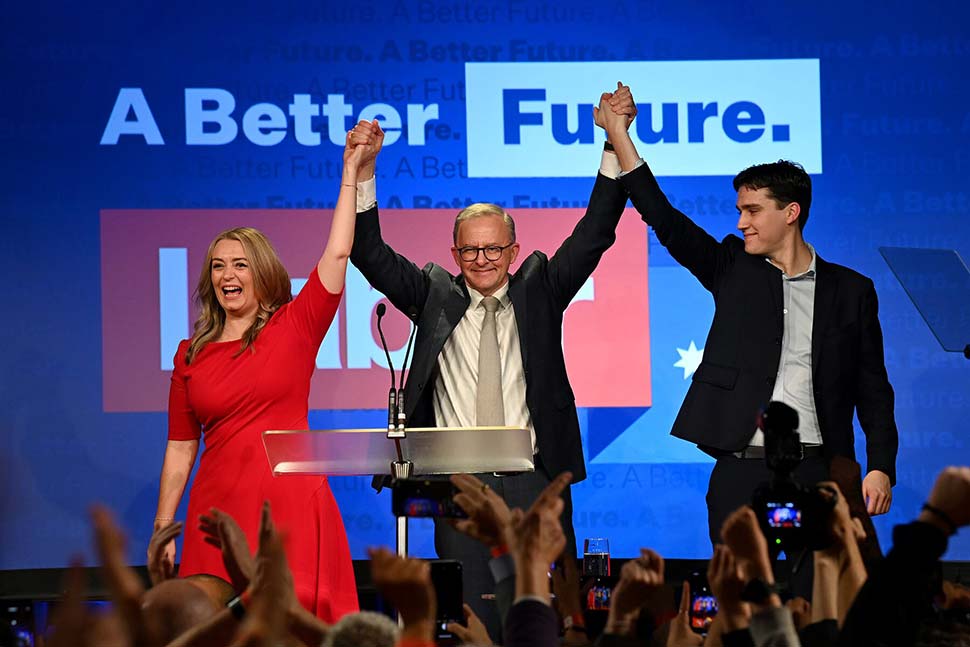 Anthony Albanese celebrates with his partner Jodie Haydon and son Nathan Albanese after after winning the 2022 Federal Election Source AAP BIANCA DE MARCHIAAPIMAGE