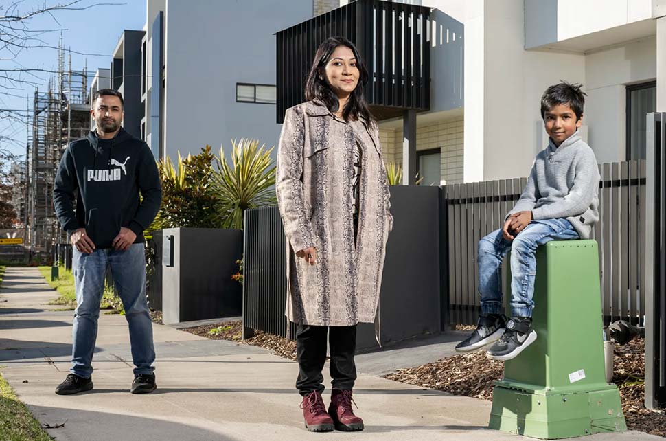 Ashraf Alam and his wife Tasnuva Sumaiya, with their six-year-old son Leroy, are aspiring first home buyers who are struggling to find a townhouse in St Mary’s and Prospect for less than $650,000 in a bid to avoid paying stamp duty.CREDITLOUIE DOUVIS
