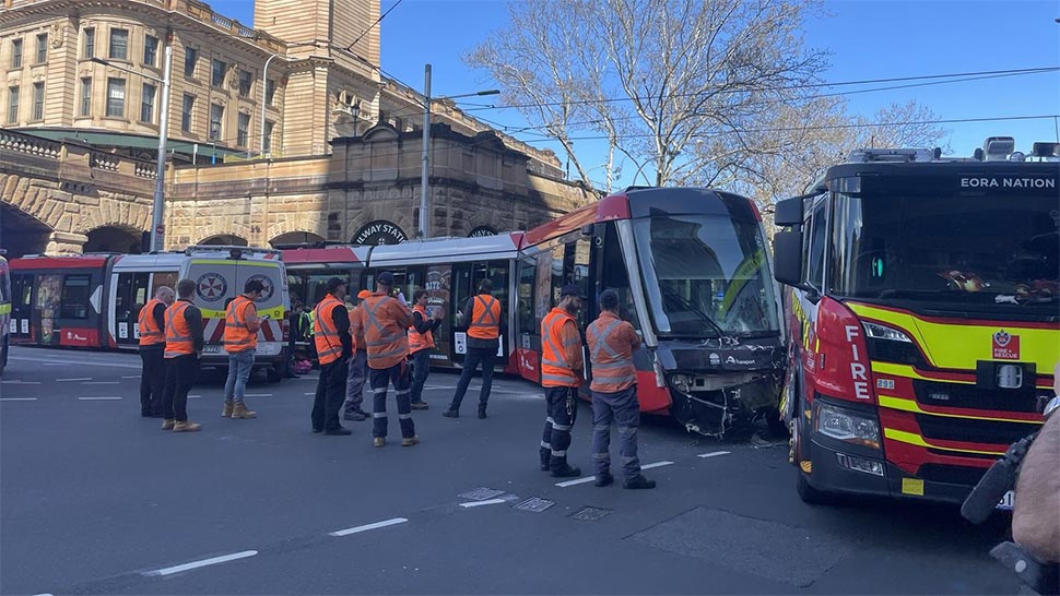 Fire truck hits light rail vehicle in Haymarket, Sydney this morning