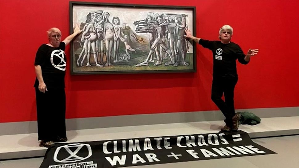 Climate change protesters have been arrested after gluing themselves to a Picasso painting at the National Gallery of Victoria in Melbourne. (Nine)