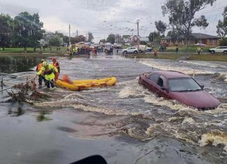 NSW 기록적인 홍수 비상사태로 수천 명이 전력 공급 중단 A flood rescue at Johnny Woods crossing in Forbes on Friday. (NSW SES)
