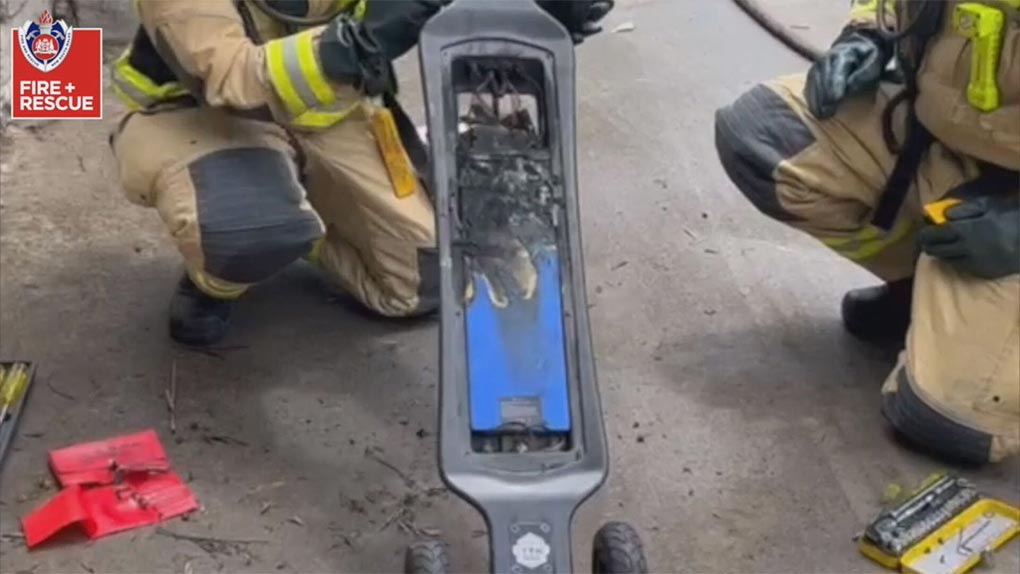 A lithium-ion battery powered skateboard caught alight in northern NSW. (Fire and Rescue NSW)