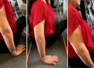 휠체어를 탄 퀸즐랜드 여성을 통로로 기어가게한 젯스타 비행기 In a video, Natalie Curtis can be seen crawling along the floor to get to her wheelchair and disembark a Jetstar plane. (Nine)