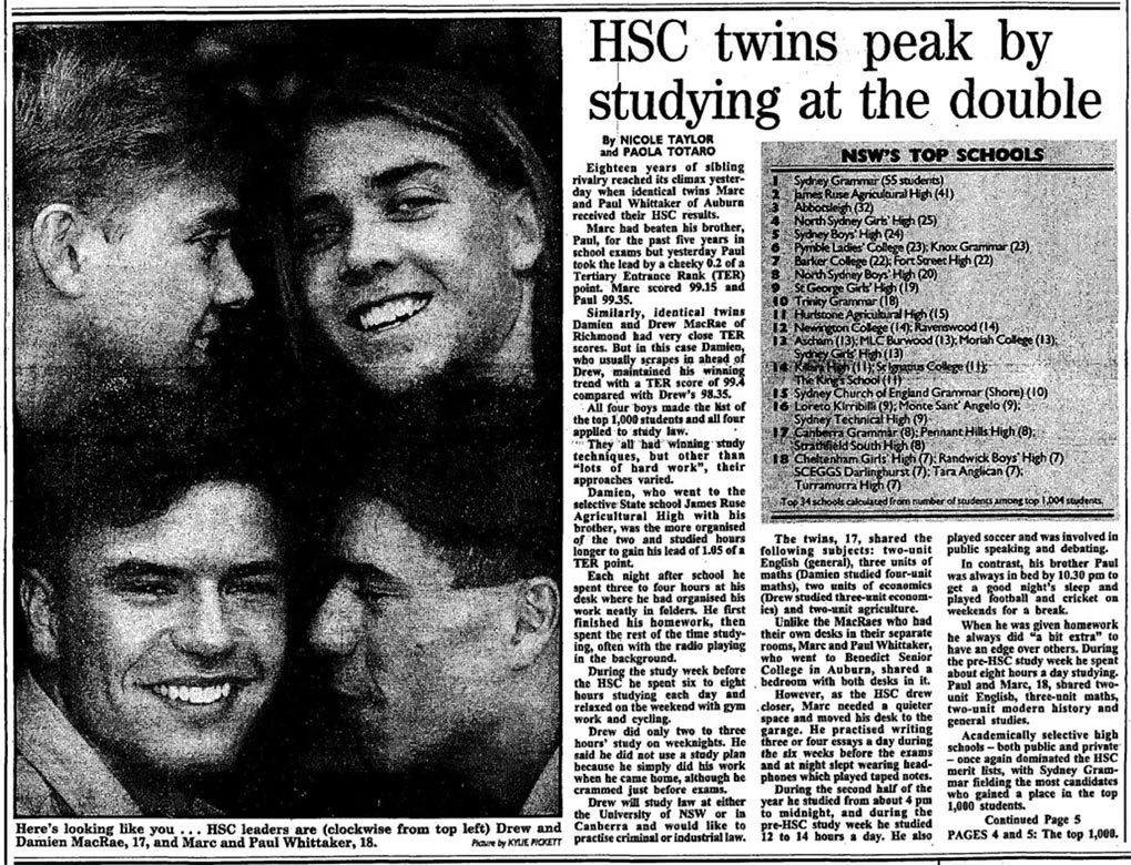 Drew and Damien Macrae in a January 1993 edition of The Herald.CREDIT- sydney mornign herad