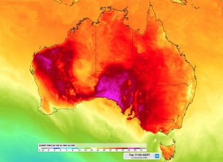 호주, 크리스마스 직후, 더운 날씨 예정 Forecast surface air temperature at 5pm AEDT on Tuesday, December 27, 2022. (Weatherzone)