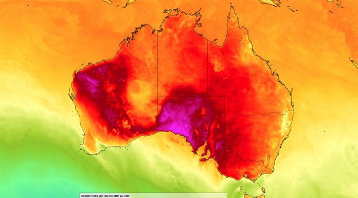 호주, 크리스마스 직후, 더운 날씨 예정 Forecast surface air temperature at 5pm AEDT on Tuesday, December 27, 2022. (Weatherzone)