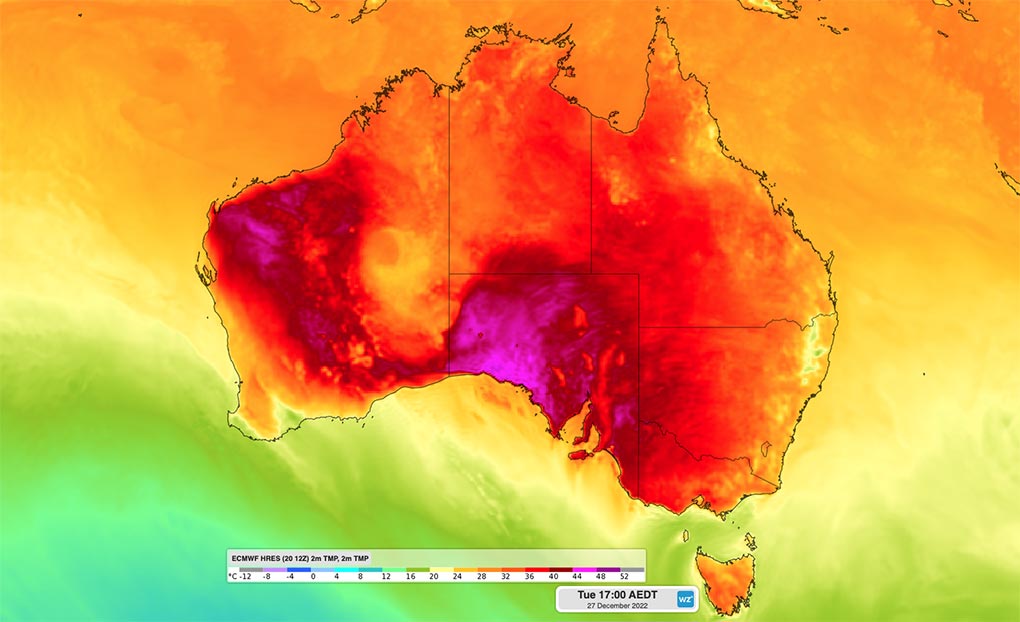 Forecast surface air temperature at 5pm AEDT on Tuesday, December 27, 2022. (Weatherzone)