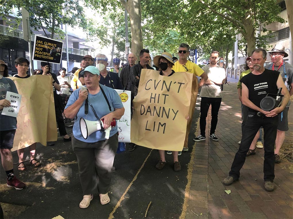 Protesters gathered outside the Sydney Police centre in Surry Hills on November 24, 2022, to protest the arrest of activist Danny Lim. His lawyer says he remains in poor health after being released from hospital. (Photo: James Alcock/SMH) (Nine)