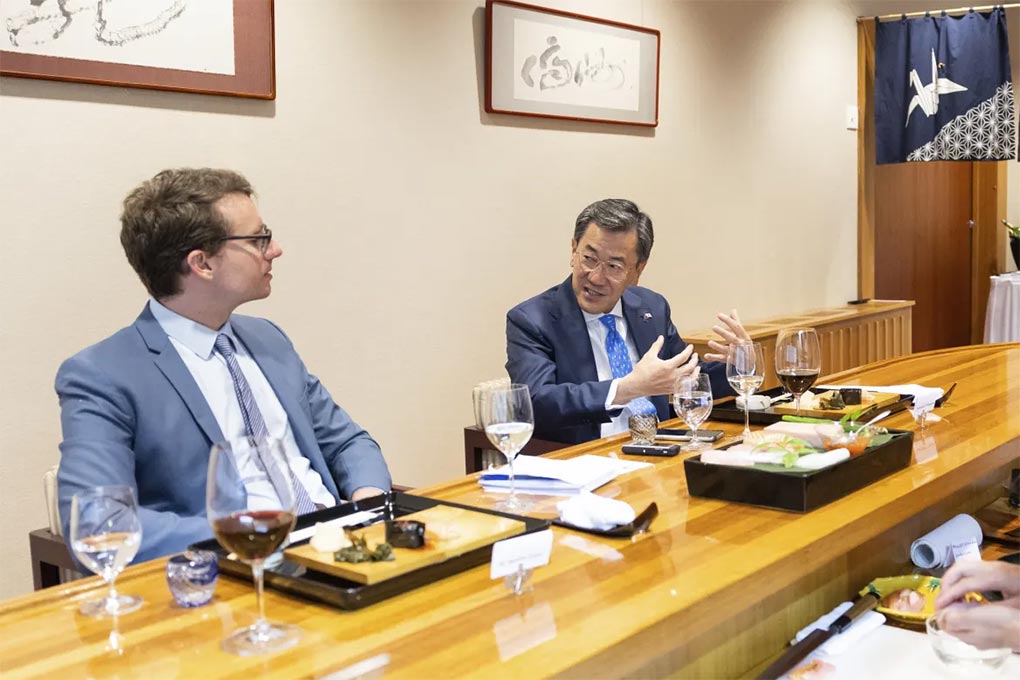 Journalist Matthew Knott interviews Japanese ambassador Shingo Yamagami.CREDITALEX ELLINGHAUSEN