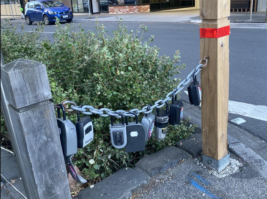 Over a dozen keypad locks are chained up across streets in Cremorne, Melbourne. Picture Reddit