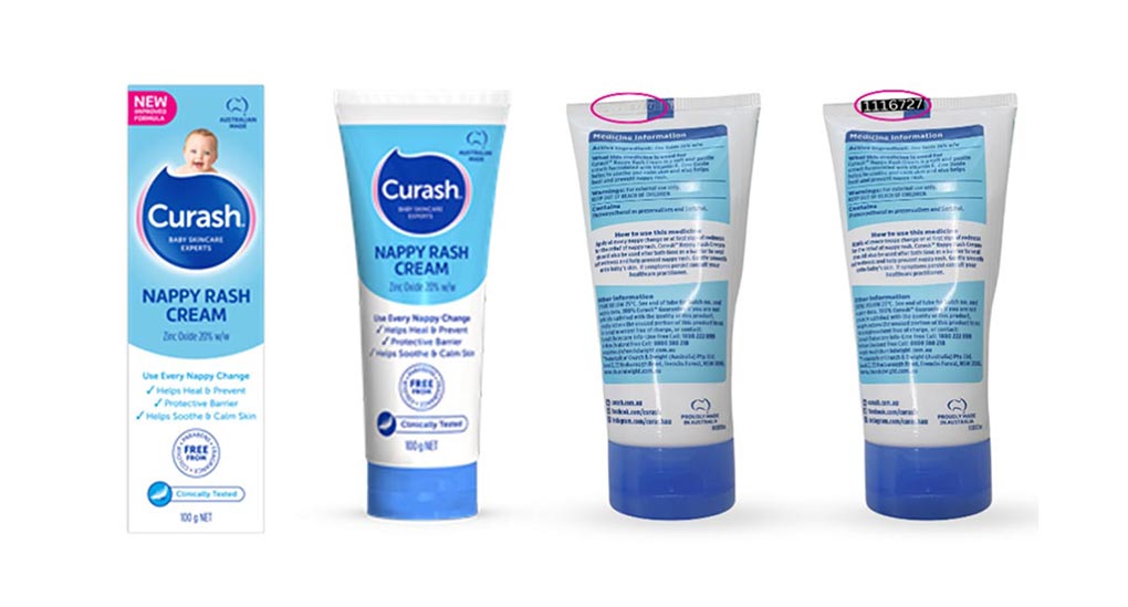Two batches of Curash Nappy Rash Cream has been recalled. Parents are urged to check the batch number in the location above. (TGA)