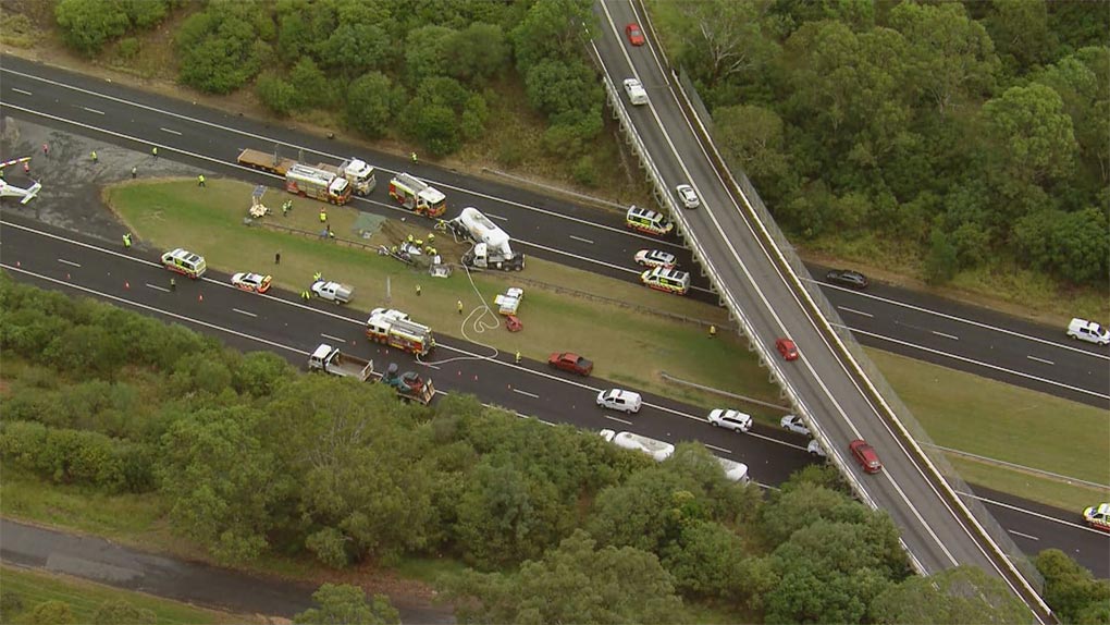 A truck and car collided on the Hume Motorway in Menangle Park. (9News)