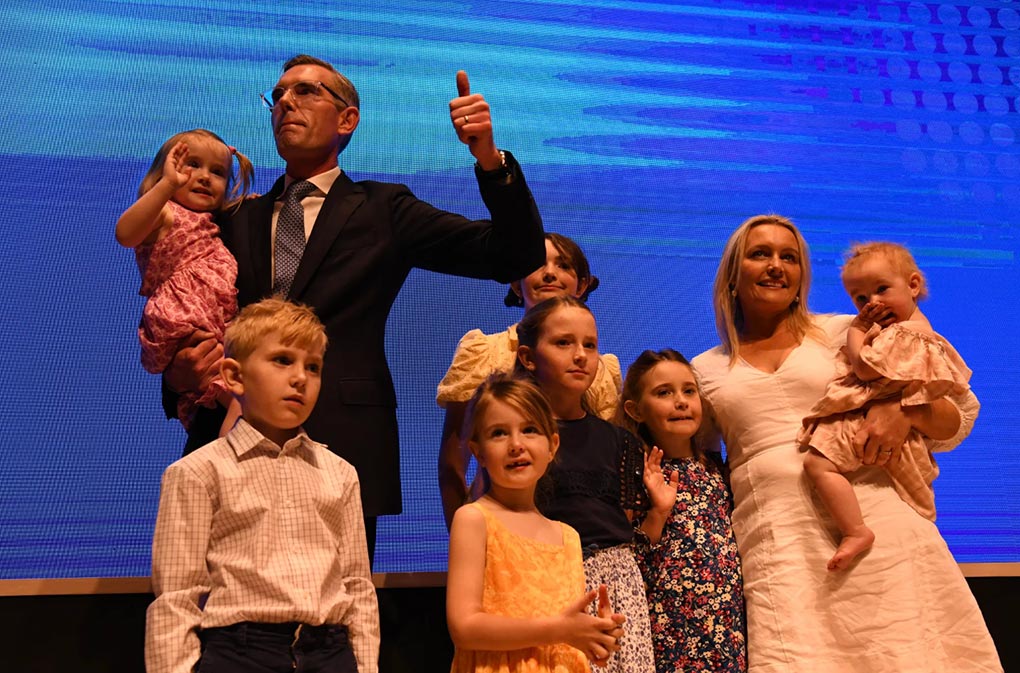 NSW Premier Dominic Perrottet and his family on stage at the launch.CREDITDEAN SEWELL