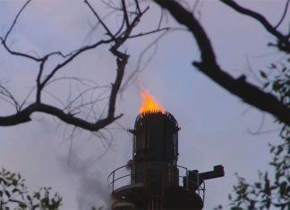 시드니 동부 화학 공장 타워 붕괴 임박, 대피령 소동 Residents spotted flames coming from the tower this morning. (Nine)