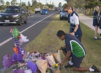 브리즈번 북쪽, 13세 소년이 불법 운전으로 3명의 목숨을 앗아가 Flowers laid at the scene of the crash, north of Brisbane on the Fraser coast of Queensland. (Nine)