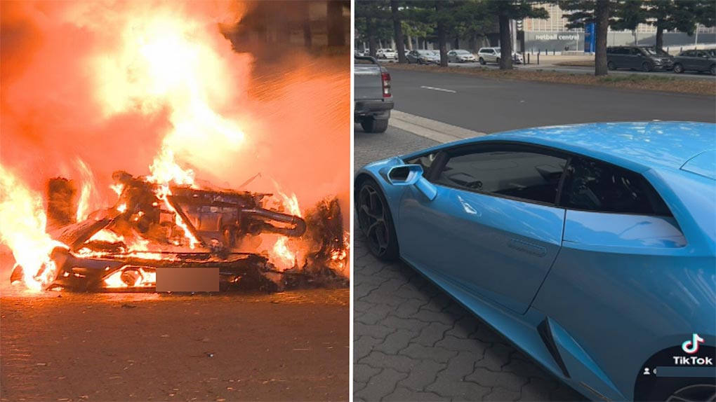 Police are investigating a suspicious fire after a Lamborghini caught fire in Olympic Park overnight. (Nine)