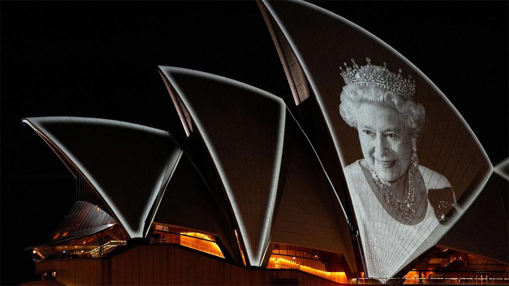 The Sydney Opera House sails were illuminated with an image of Queen Elizabeth II when she died. (AP)