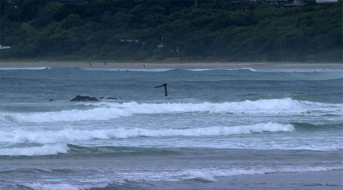 시드니 바이런 베이 해변, 스쿠버 다이버가 사람 뼈를 발견 The shipwreck can be seen poking out of the waves at Belongil beach. (9News)