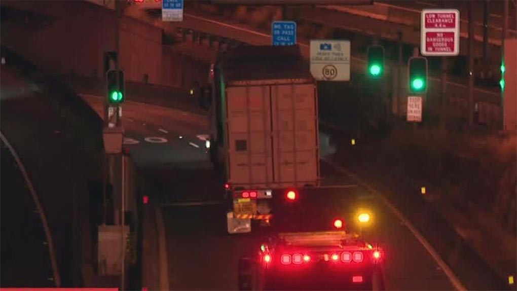 An over-height truck has blocked the Sydney Harbour Tunnel for the second time today. (Nine)