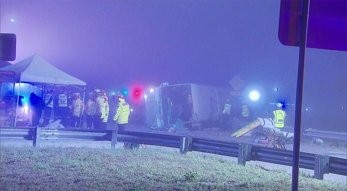 NSW 헌터벨리, 결혼식 하객 태운 버스전복사고로 10명 사망 Multiple fire, ambulance and police vehicles arrived on the scene. (9News)