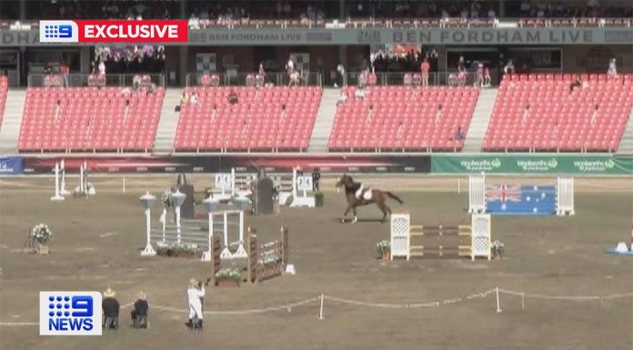 올림픽 승마 선수, NSW에서 은인과 재회 Olympic equestrian Vicki Roycroft fell from her horse at the Sydney Royal Easter Show. (Nine)