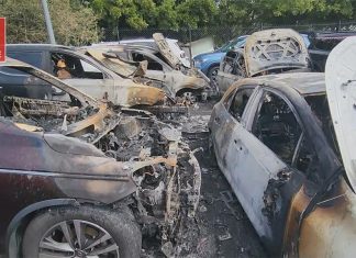 전기차 배터리로 화재, 시드니 공항 차량 5대 소실 Five cars were destroyed in a fire overnight after a Lithium-ion battery caught alight at Sydney Airport. (FRNSW)