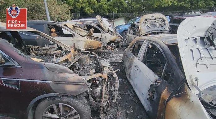 전기차 배터리로 화재, 시드니 공항 차량 5대 소실 Five cars were destroyed in a fire overnight after a Lithium-ion battery caught alight at Sydney Airport. (FRNSW)