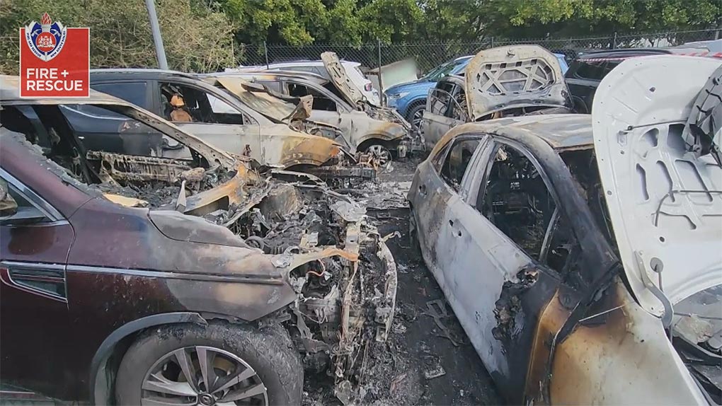 Five cars were destroyed in a fire overnight after a Lithium-ion battery caught alight at Sydney Airport. (FRNSW)