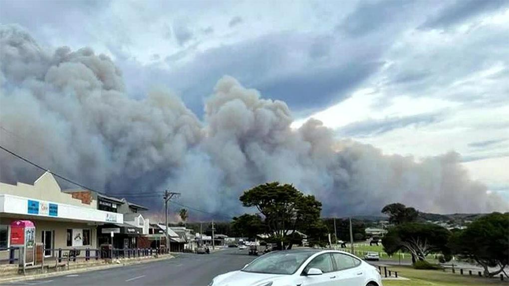 There are concerns an incoming southerly front could make containing the Bega Valley bushfire difficult. (Nine)