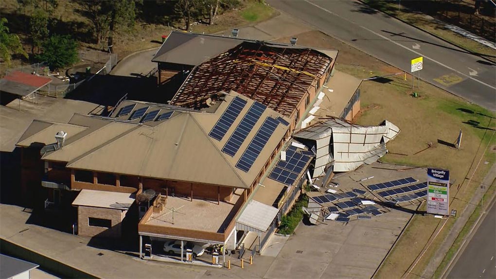 A roof blown off a local shopping village at Bringelly. (9News)