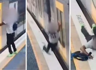 시드니 철도 네트워크의 플랫폼 틈새 사고 A man narrowly escaped being dragged under a Sydney train after he tried to wedge his hand between closing doors. Source 7 News