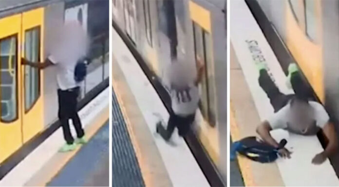 시드니 철도 네트워크의 플랫폼 틈새 사고 A man narrowly escaped being dragged under a Sydney train after he tried to wedge his hand between closing doors. Source 7 News