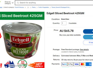 호주, 공급부족으로 슬라이스 비트루트, 한캔에 65불 Savvy eBay sellers have honed in on the recent shortage in supply of tinned beetroot. (eBay)