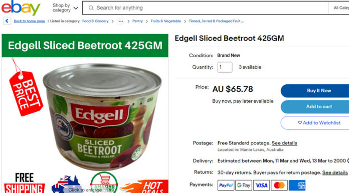 호주, 공급부족으로 슬라이스 비트루트, 한캔에 65불 Savvy eBay sellers have honed in on the recent shortage in supply of tinned beetroot. (eBay)