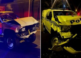 시드니 남성, 추격전 중 경찰차와 충돌 후 중태 The Toyota Hilux allegedly smashed into two police cars when it was stopped on Belmore Road. (NSW Police)