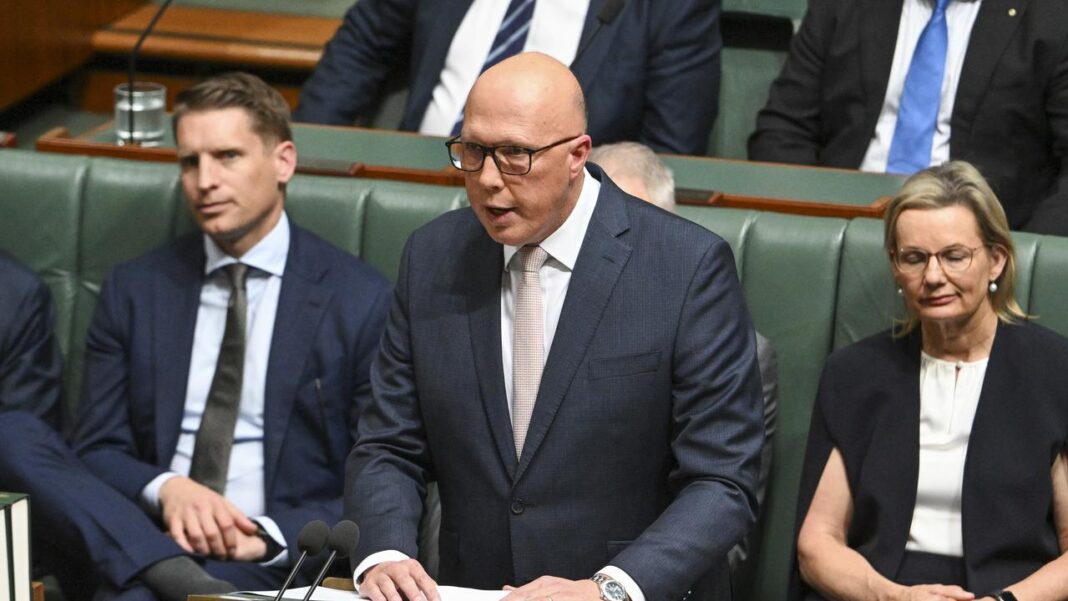 Opposition leader Peter Dutton delivers his budget in reply address at Parliament House in Canberra. Picture NCA NewsWire Martin Ollman