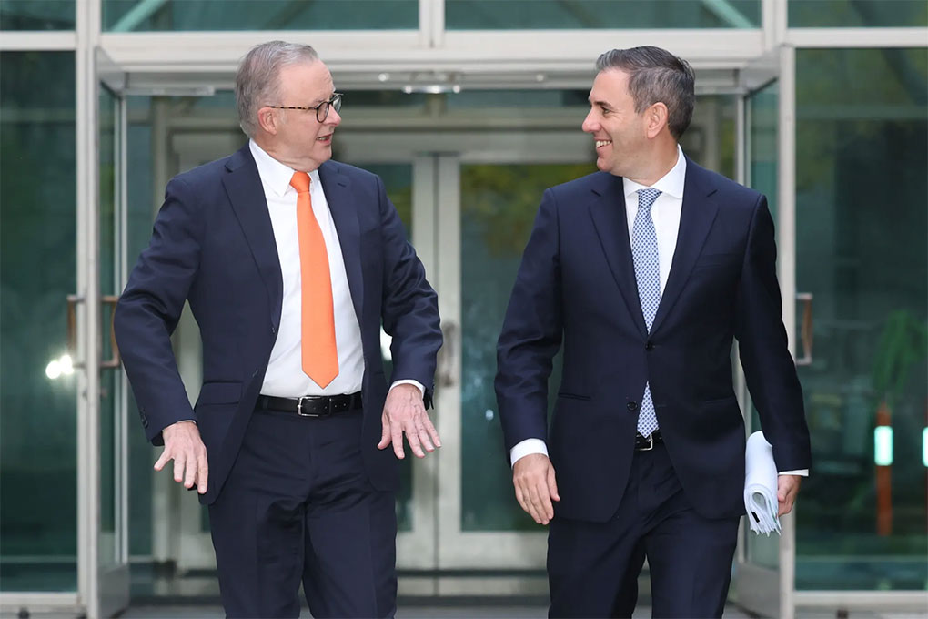 Prime Minister Anthony Albanese and Treasurer Jim Chalmers in Canberra this morning.CREDITALEX ELLINGHAUSEN