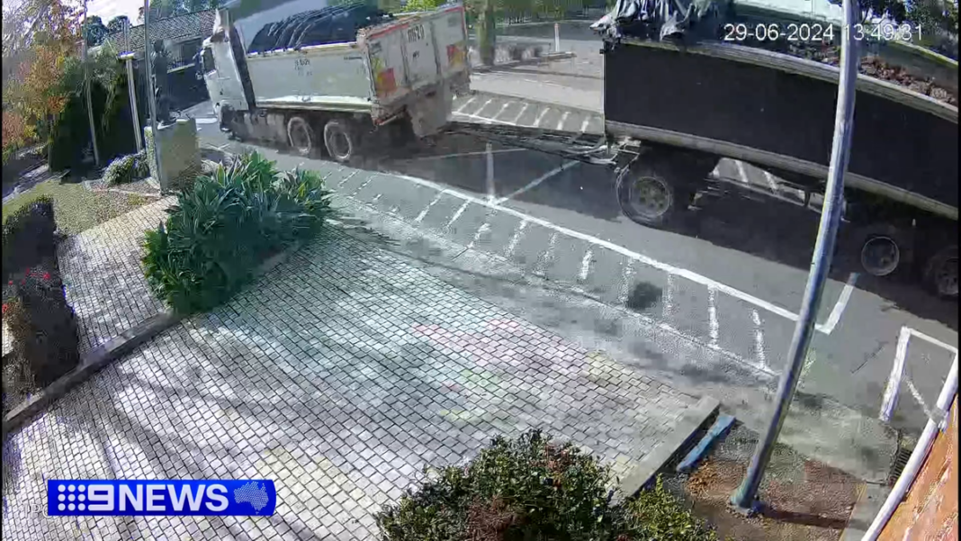 CCTV footage captured the moment several people standing outside a church were narrowly missed by an out-of-control truck and trailer. (Nine)