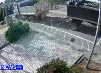 시드니 남서쪽, 트럭이 19대의 차량과 초등학교 교실을 들이받아 CCTV footage captured the moment several people standing outside a church were narrowly missed by an out-of-control truck and trailer. (Nine)